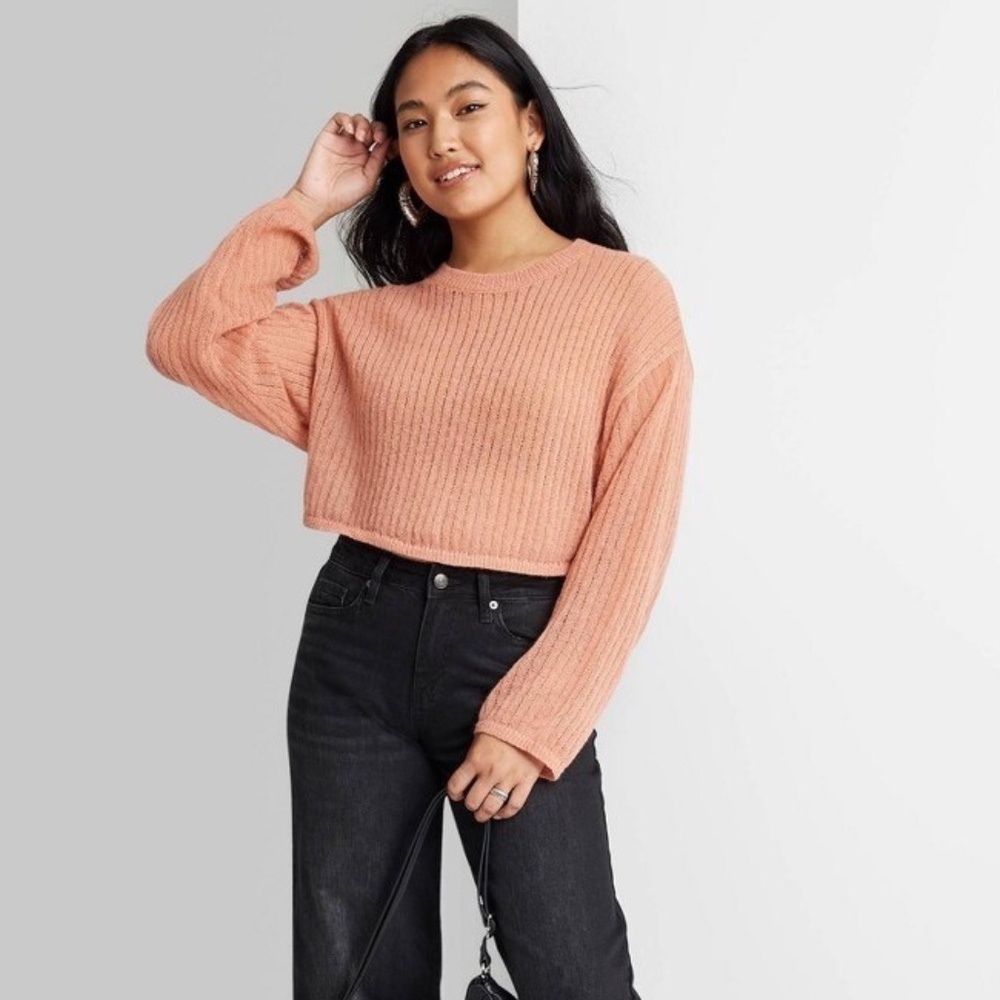 Cropped Sweater Womens Open-Knit Long Sleeve Stretch Coral Wild Fable